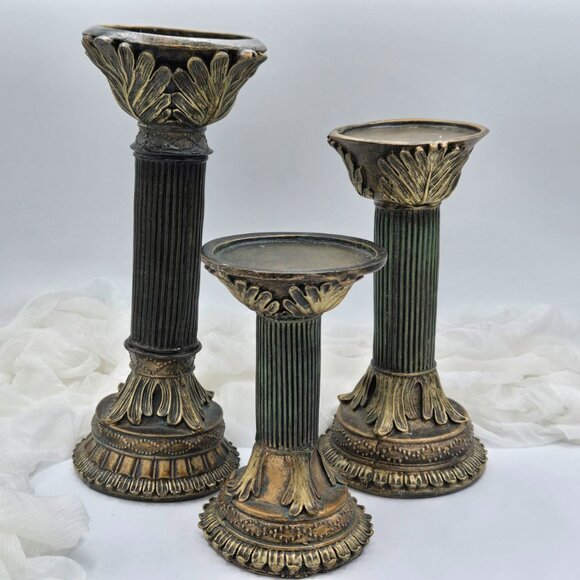 Set of 3 Roman Style Candlesticks | Vintage Green & Gold Pillar Candle Holders - Picture 10 of 12